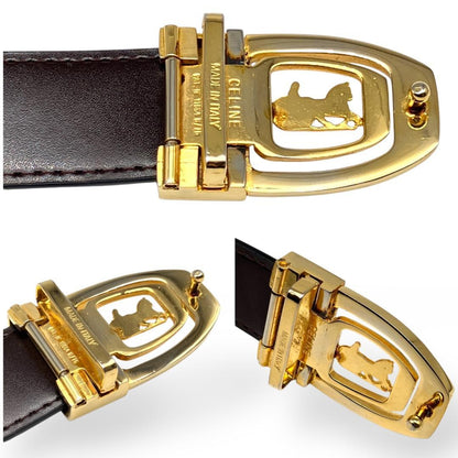 CELINE Men's Belt Horse carriage Gold Black Brown Leather Authentic