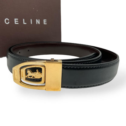 CELINE Men's Belt Horse carriage Gold Black Brown Leather Authentic