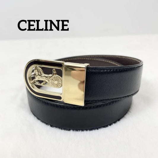 CELINE Men's Belt Horse carriage Gold Black Brown Authentic