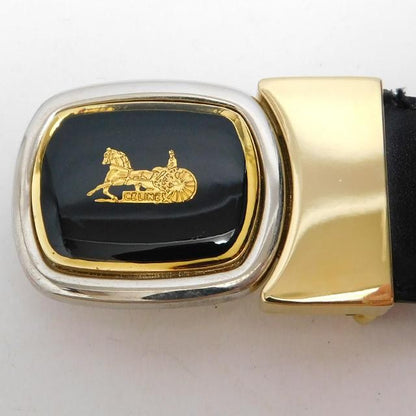 CELINE Men's Belt Horse carriage Black Dark Brown Leather Authentic
