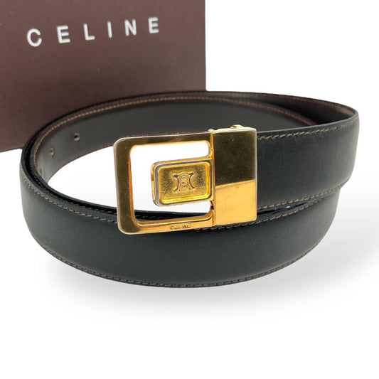 CELINE Men's Belt Macadam Black Gold Leather Authentic