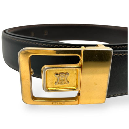 CELINE Men's Belt Macadam Black Gold Leather Authentic