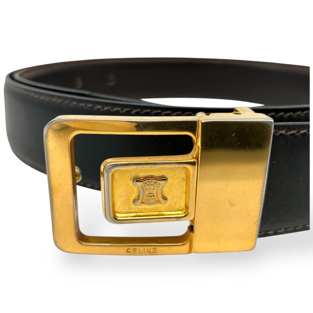 CELINE Men's Belt Macadam Black Gold Leather Authentic