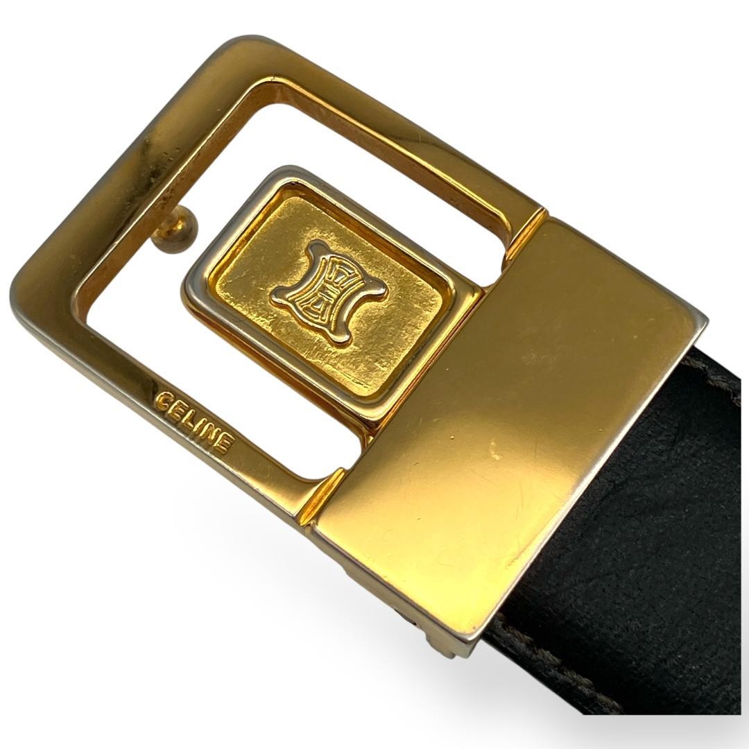 CELINE Men's Belt Macadam Black Gold Leather Authentic