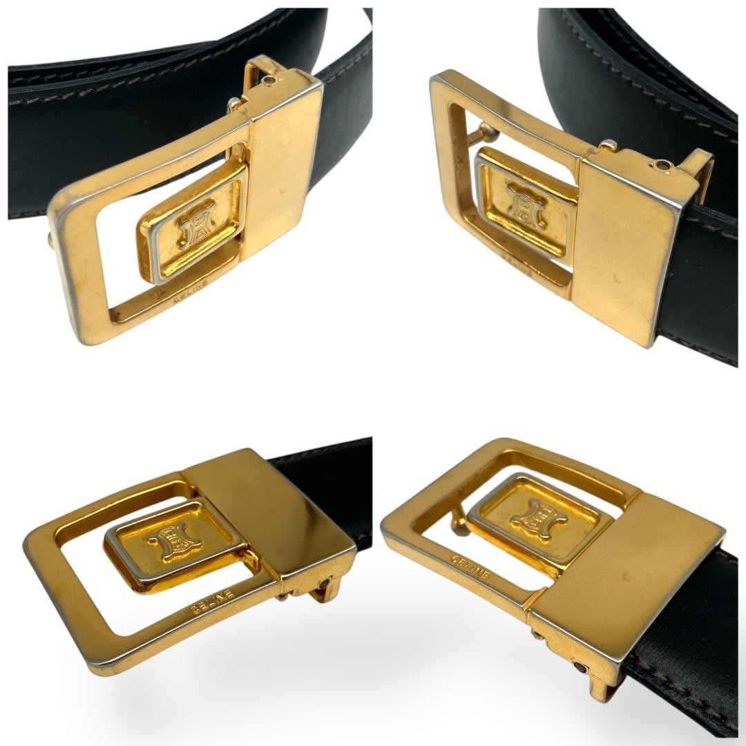 CELINE Men's Belt Macadam Black Gold Leather Authentic