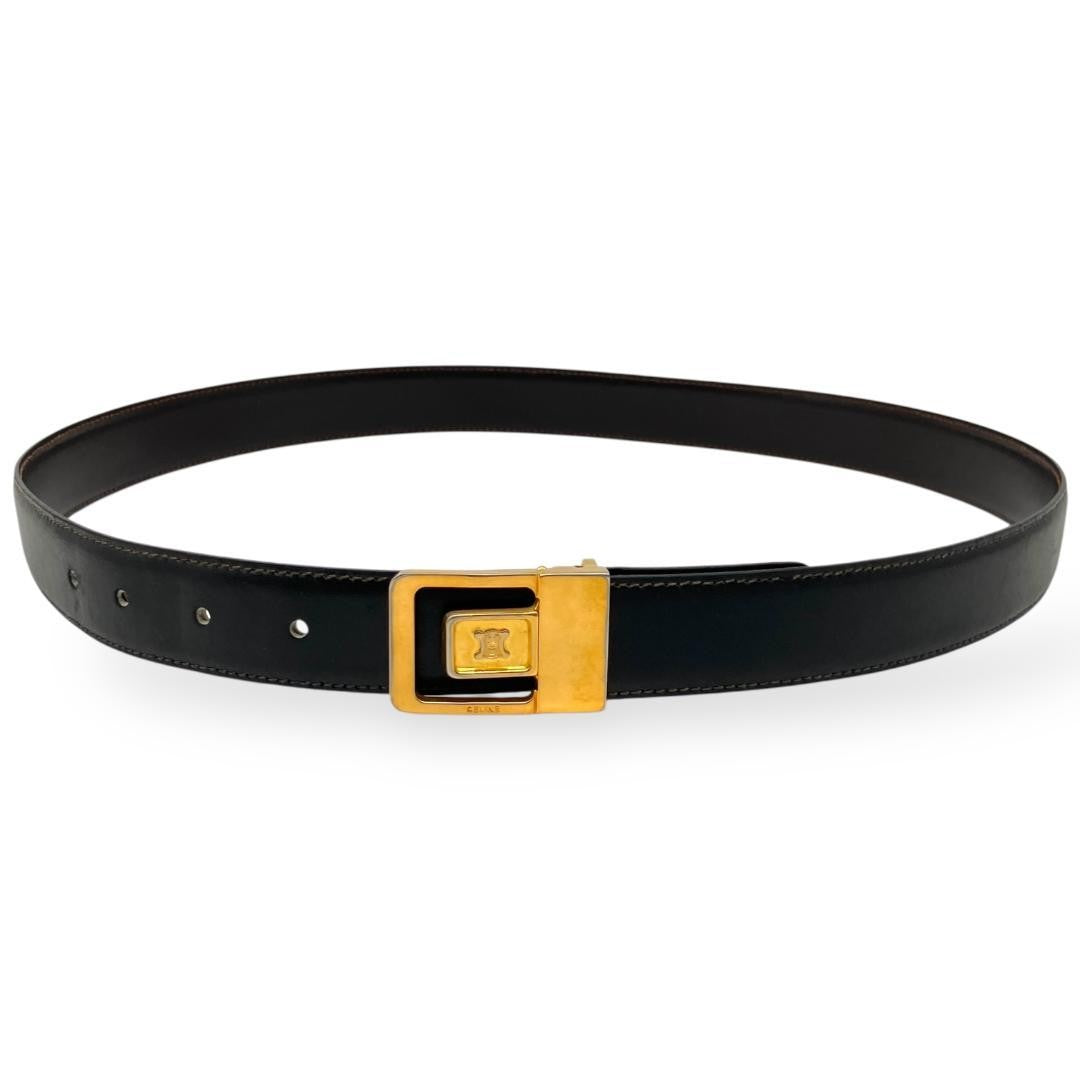CELINE Men's Belt Macadam Black Gold Leather Authentic