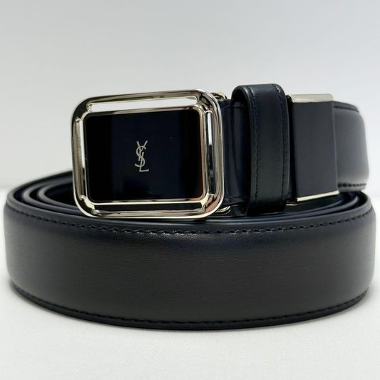 Saint Laurent Men's Belt YSL Cassandra Leather Black Silver Authentic