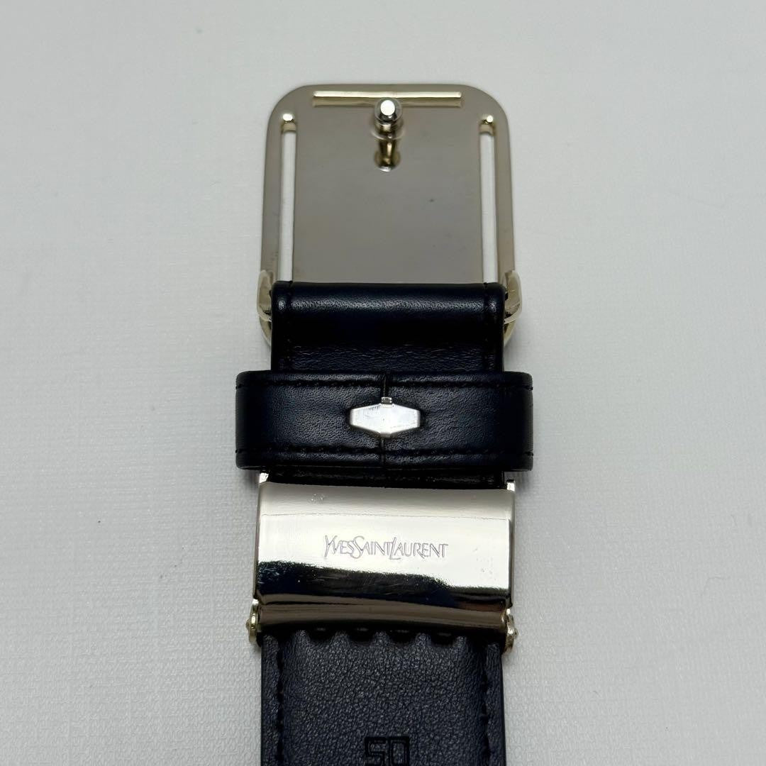 Saint Laurent Men's Belt YSL Cassandra Leather Black Silver Authentic