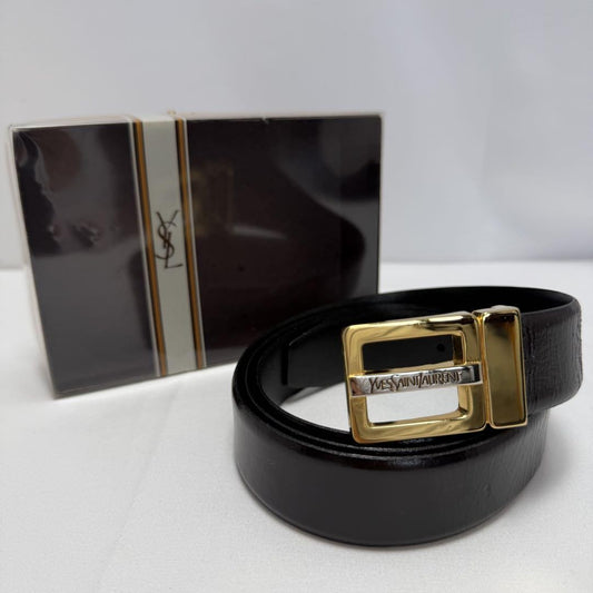 Saint Laurent Men's Belt Logo Leather Black Gold Authentic