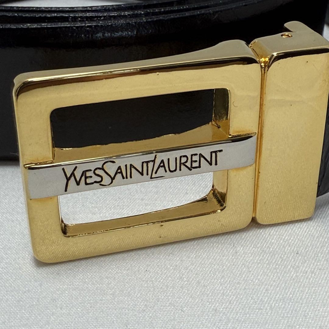 Saint Laurent Men's Belt Logo Leather Black Gold Authentic
