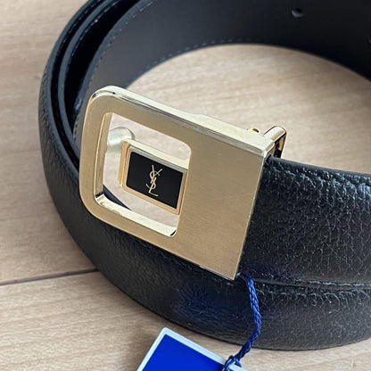 Saint Laurent Men's Belt YSL Cassandra Leather Black Authentic