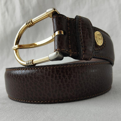 Christian Dior MONSIEUR Men's Belt Logo Gold Brown Authentic