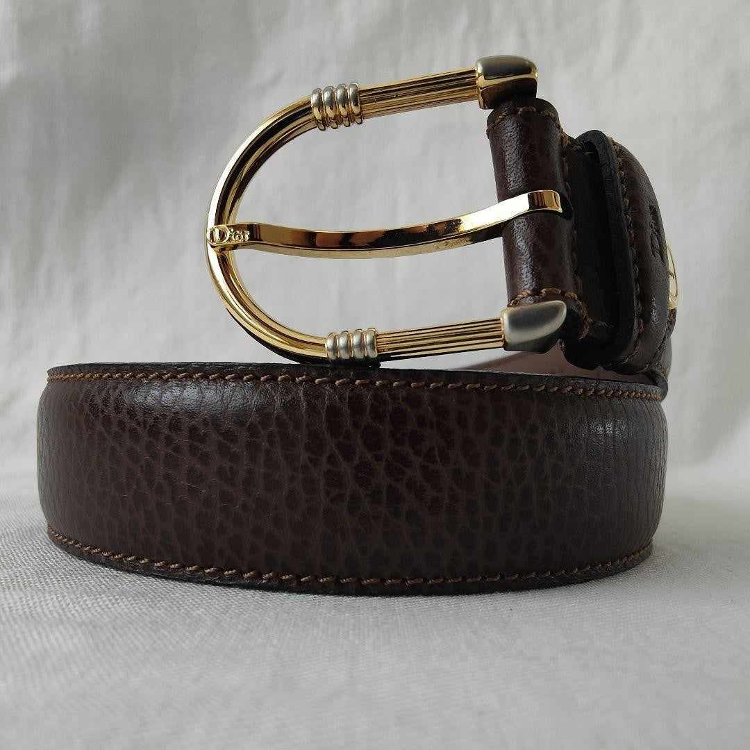Christian Dior MONSIEUR Men's Belt Logo Gold Brown Authentic