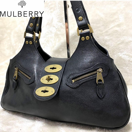 MULBERRY Hand Bag Tote Purse Turn Lock Leather Black Authentic