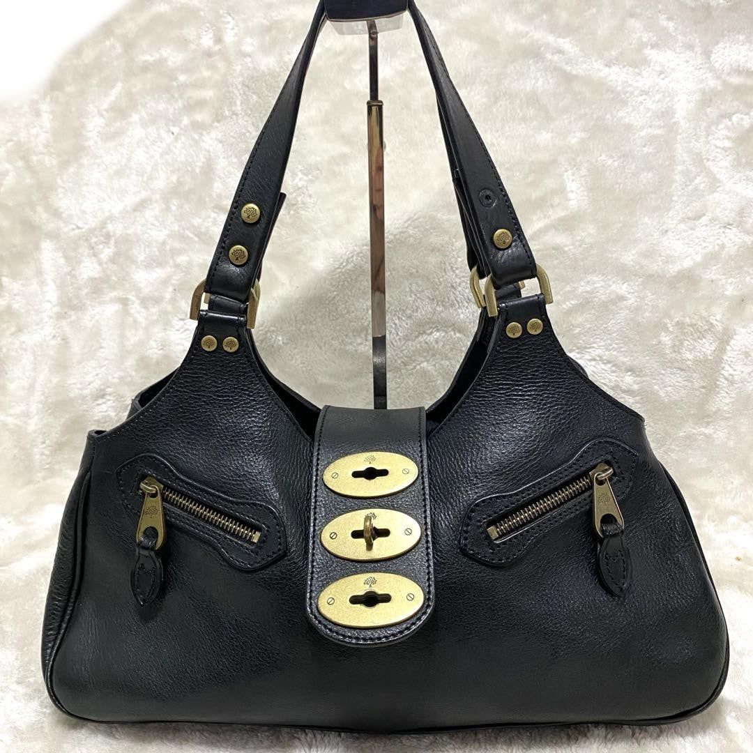 MULBERRY Hand Bag Tote Purse Turn Lock Leather Black Authentic
