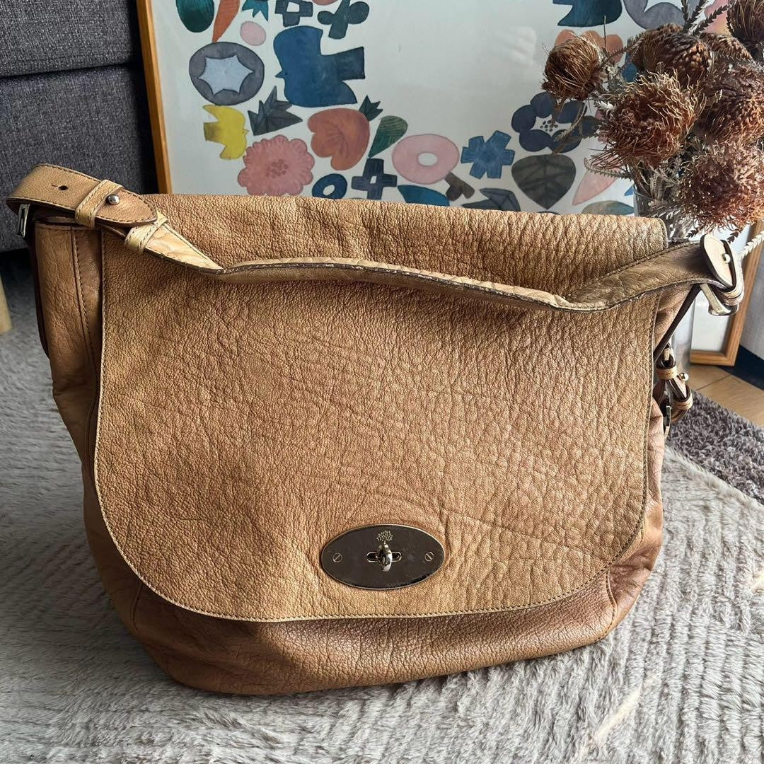MULBERRY Hand Bag Tote Purse Turn Lock Leather Beige Authentic