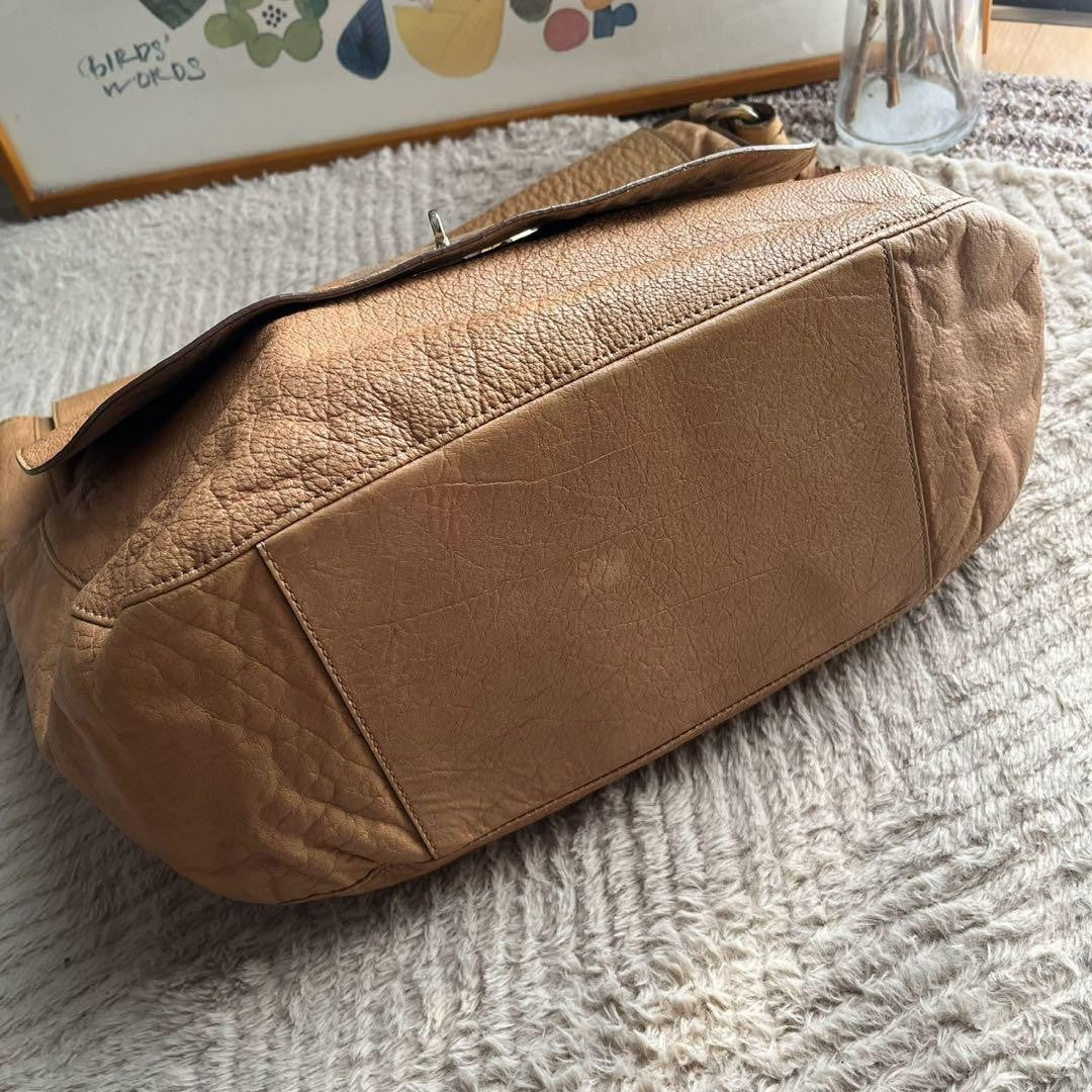 MULBERRY Hand Bag Tote Purse Turn Lock Leather Beige Authentic