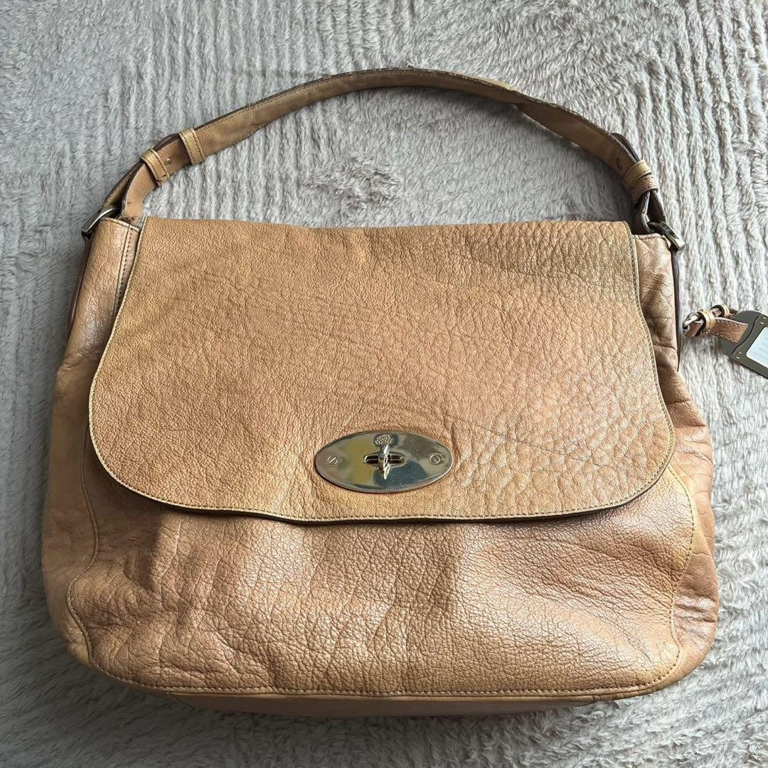 MULBERRY Hand Bag Tote Purse Turn Lock Leather Beige Authentic