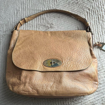 MULBERRY Hand Bag Tote Purse Turn Lock Leather Beige Authentic