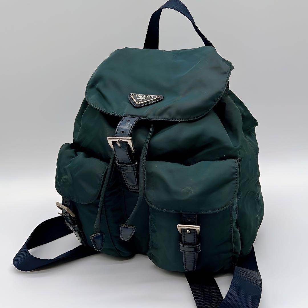 PRADA Backpack Logo Nylon Leather Green Authentic