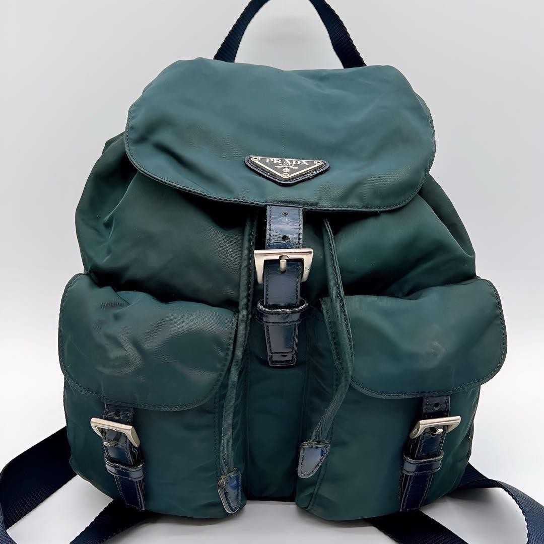 PRADA Backpack Logo Nylon Leather Green Authentic