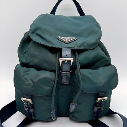 PRADA Backpack Logo Nylon Leather Green Authentic