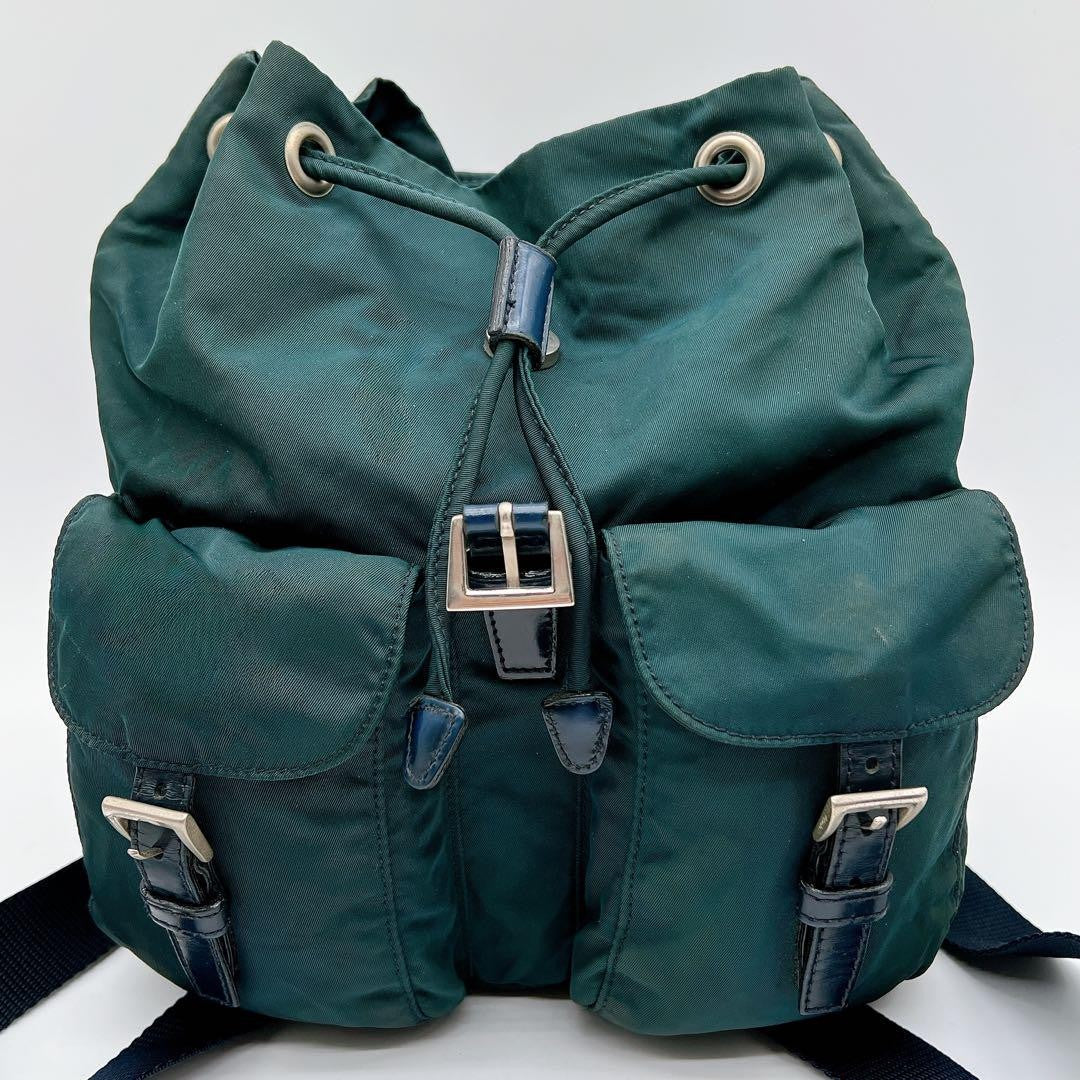 PRADA Backpack Logo Nylon Leather Green Authentic