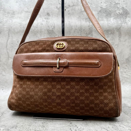 GUCCI Shoulder Bag Purse Interlocking Leather Suede Brown Authentic