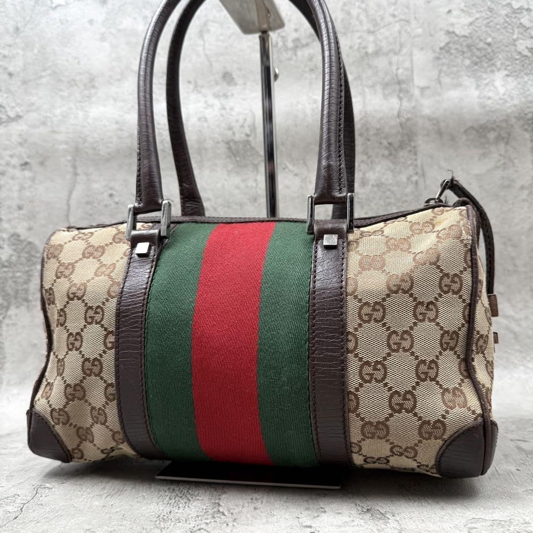 GUCCI Mini Boston Bag Hand Bag Purse Sherry Line GG Canvas Leather Beige Brown