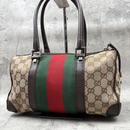 GUCCI Mini Boston Bag Hand Bag Purse Sherry Line GG Canvas Leather Beige Brown