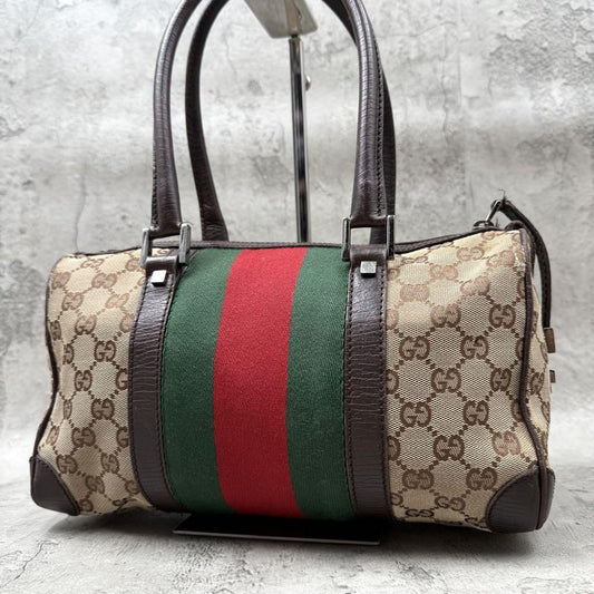 GUCCI Mini Boston Bag Hand Bag Purse Sherry Line GG Canvas Leather Beige Brown