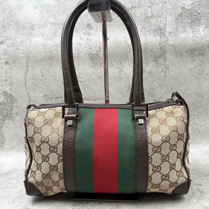 GUCCI Mini Boston Bag Hand Bag Purse Sherry Line GG Canvas Leather Beige Brown