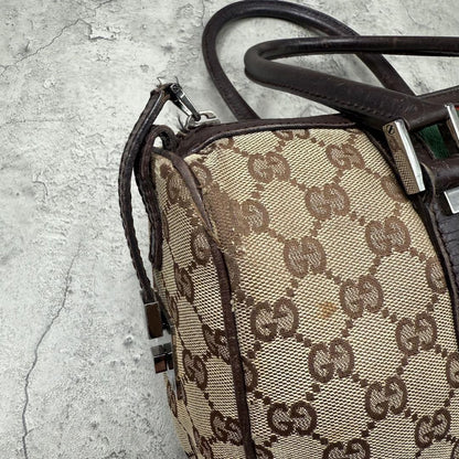 GUCCI Mini Boston Bag Hand Bag Purse Sherry Line GG Canvas Leather Beige Brown