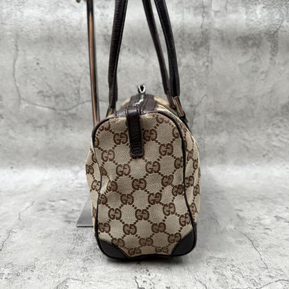 GUCCI Mini Boston Bag Hand Bag Purse Sherry Line GG Canvas Leather Beige Brown