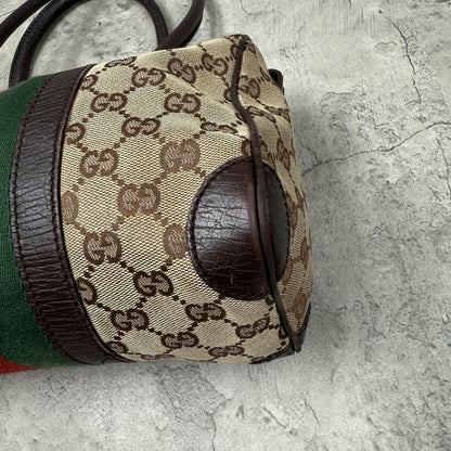 GUCCI Mini Boston Bag Hand Bag Purse Sherry Line GG Canvas Leather Beige Brown