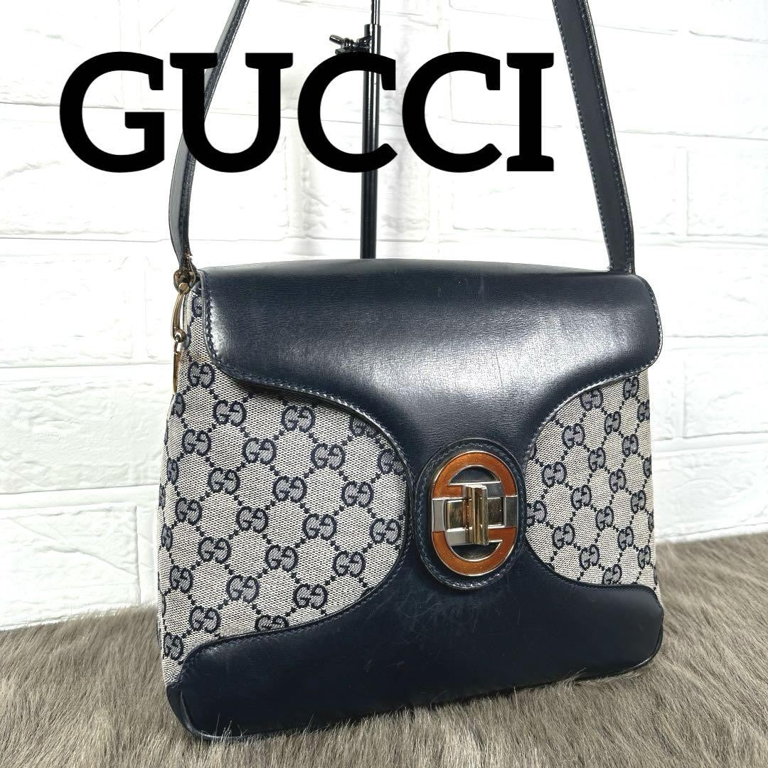 GUCCI Shoulder Bag Purse GG Canvas Leather Navy Authentic