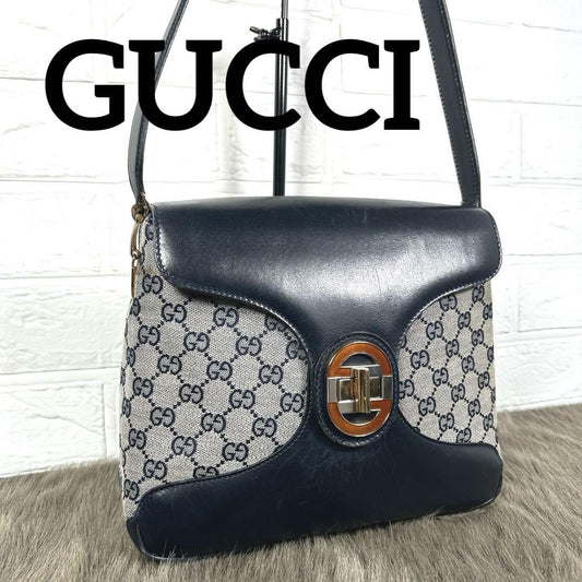 GUCCI Shoulder Bag Purse GG Canvas Leather Navy Authentic