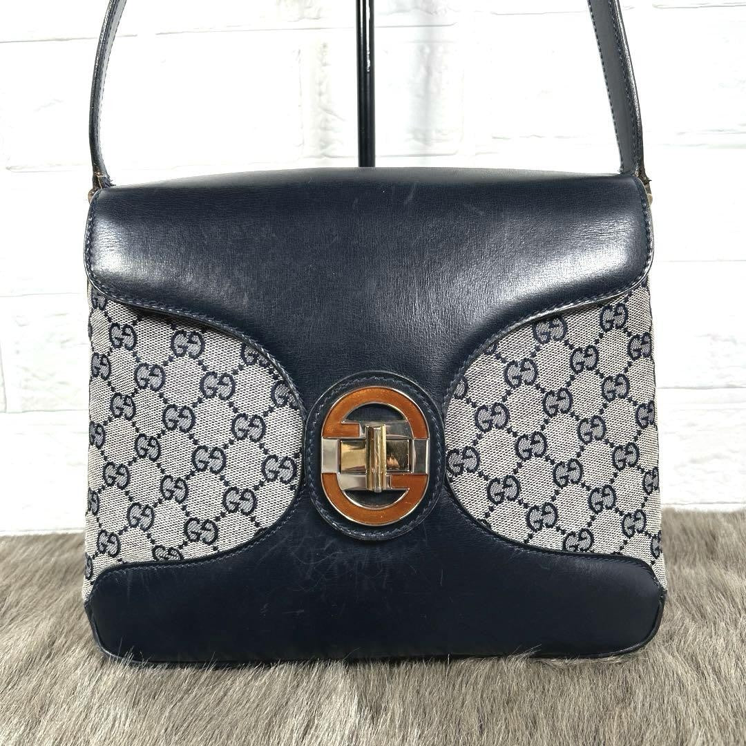 GUCCI Shoulder Bag Purse GG Canvas Leather Navy Authentic