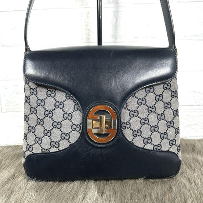 GUCCI Shoulder Bag Purse GG Canvas Leather Navy Authentic