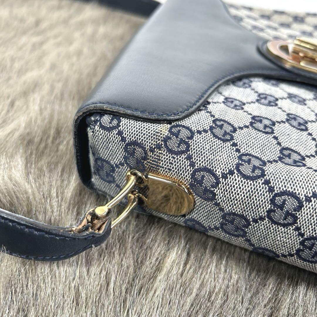 GUCCI Shoulder Bag Purse GG Canvas Leather Navy Authentic
