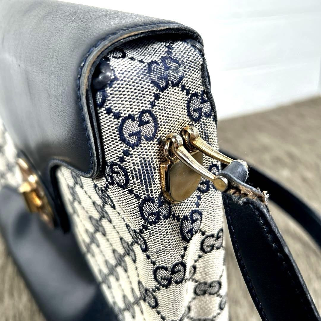 GUCCI Shoulder Bag Purse GG Canvas Leather Navy Authentic