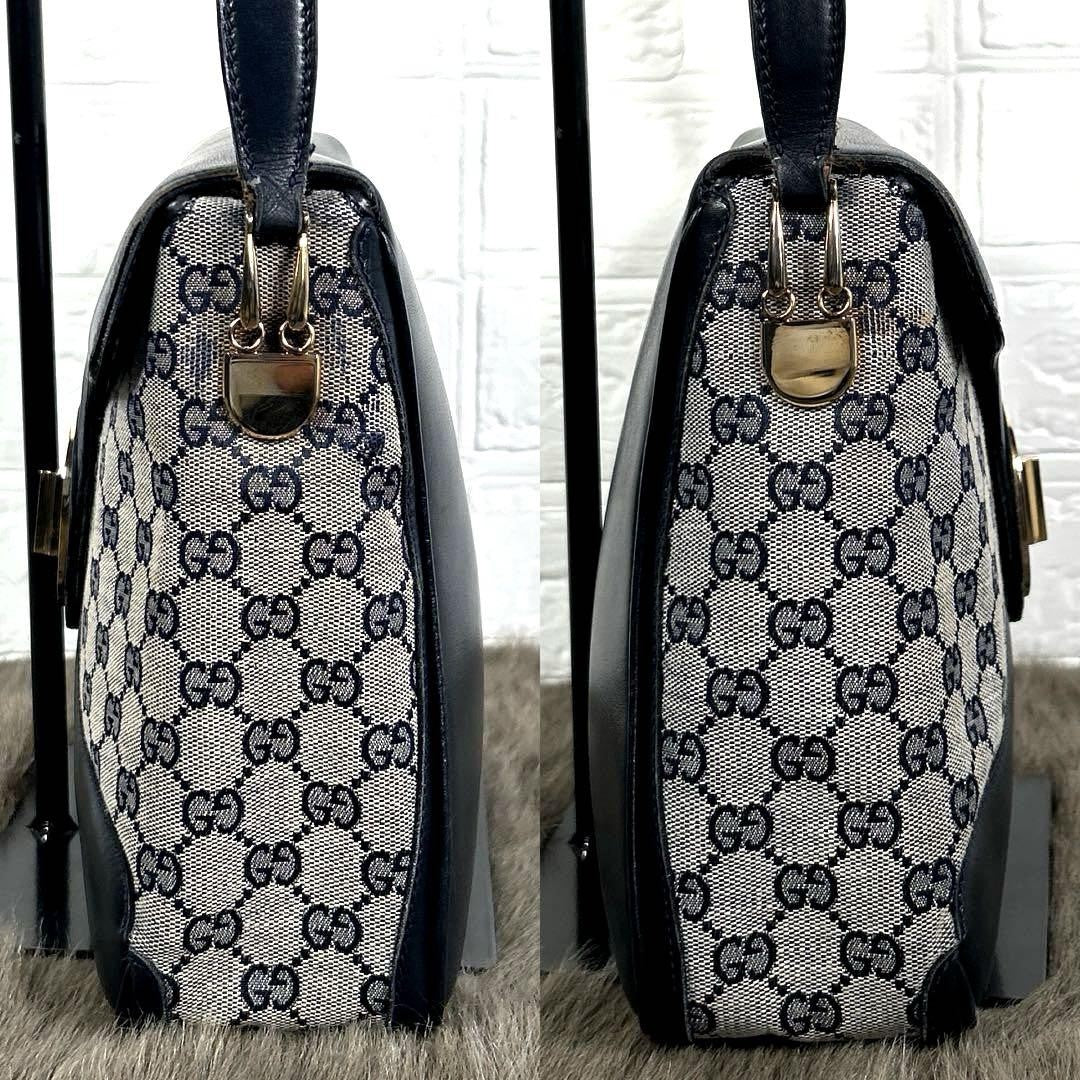 GUCCI Shoulder Bag Purse GG Canvas Leather Navy Authentic
