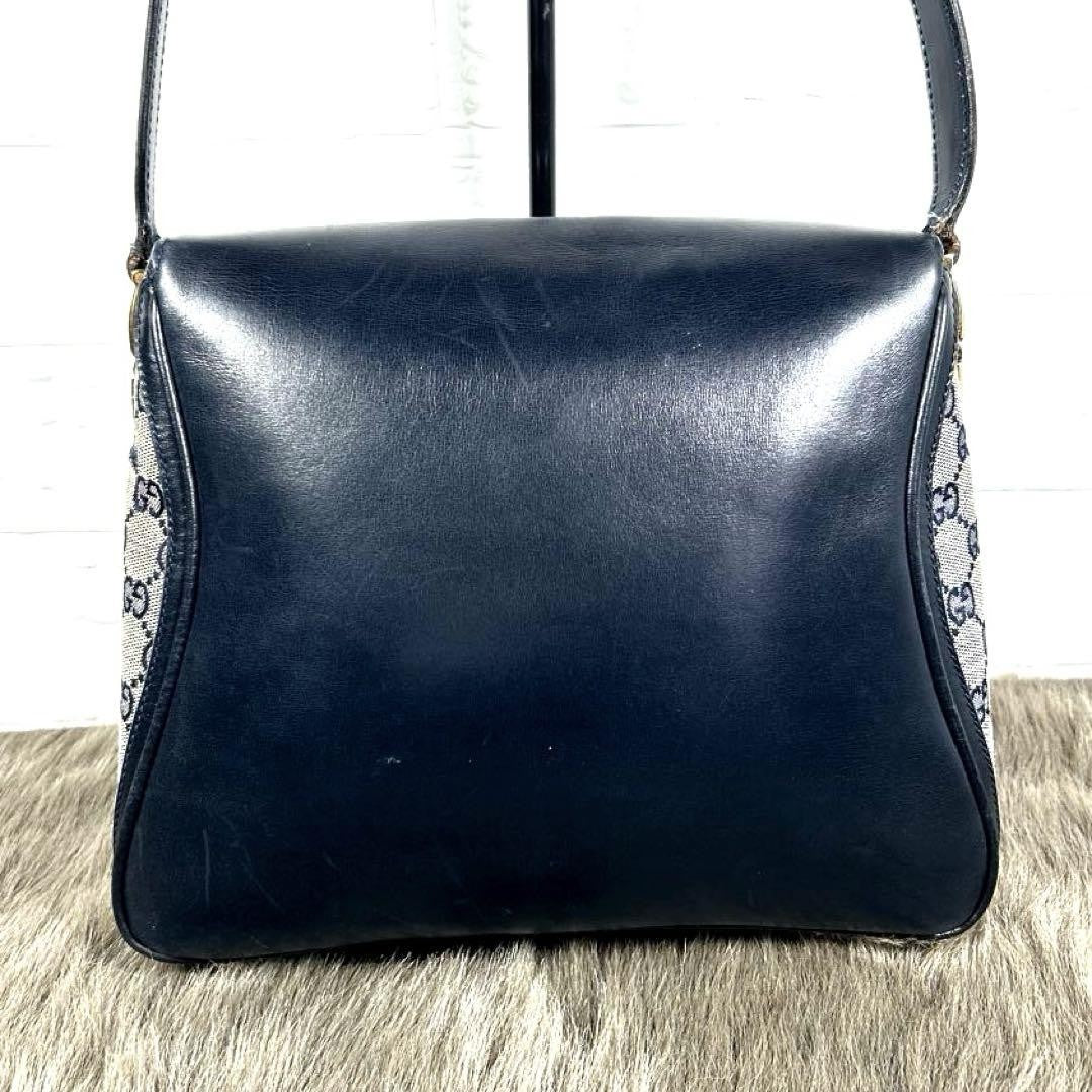 GUCCI Shoulder Bag Purse GG Canvas Leather Navy Authentic
