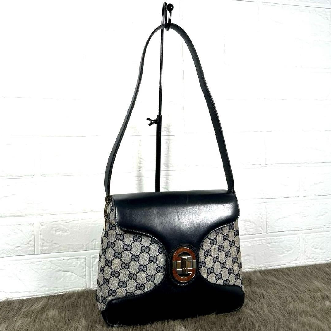 GUCCI Shoulder Bag Purse GG Canvas Leather Navy Authentic