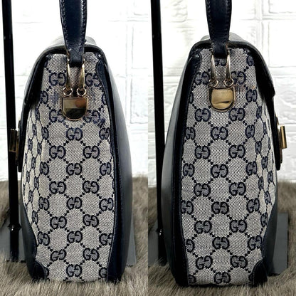 GUCCI Shoulder Bag Purse GG Canvas Leather Navy Authentic