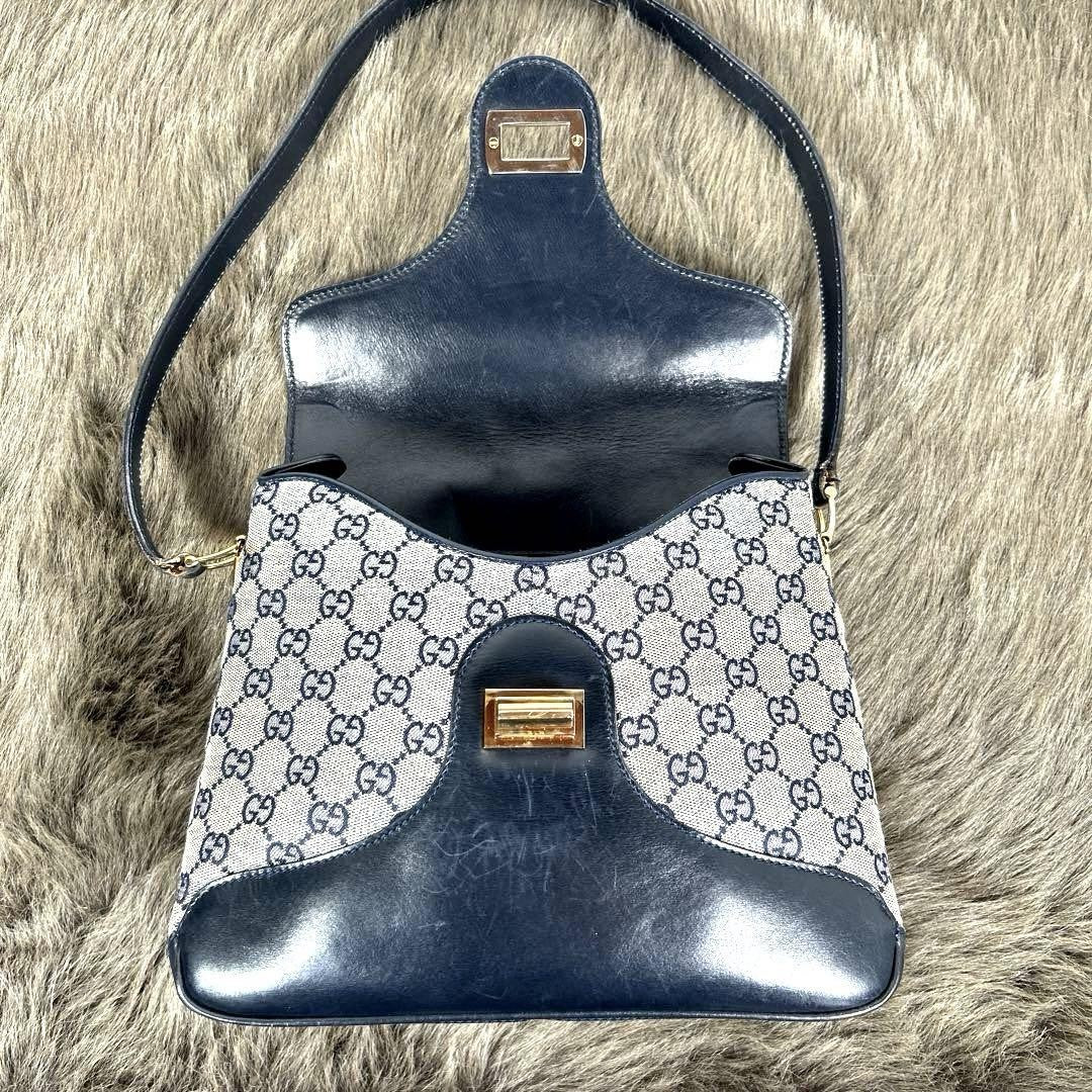 GUCCI Shoulder Bag Purse GG Canvas Leather Navy Authentic
