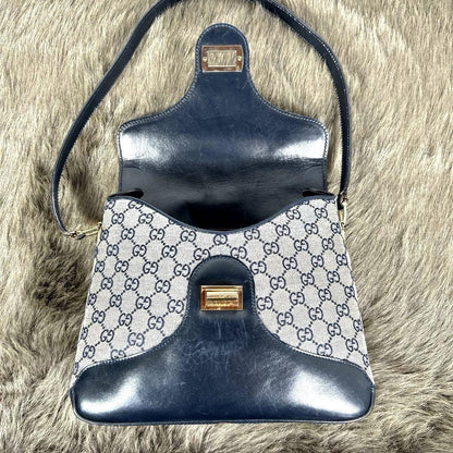 GUCCI Shoulder Bag Purse GG Canvas Leather Navy Authentic