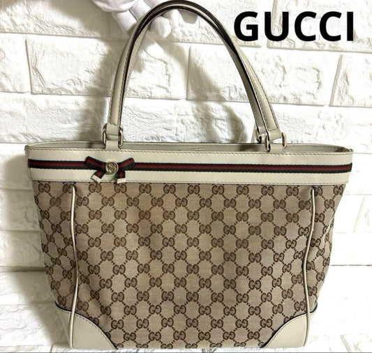 GUCCI Hand Bag Tote Purse GG Canvas Beige Authentic