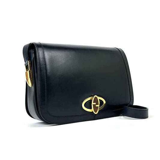 GUCCI Shoulder Bag Purse Interlocking Leather Dark Navy Authentic
