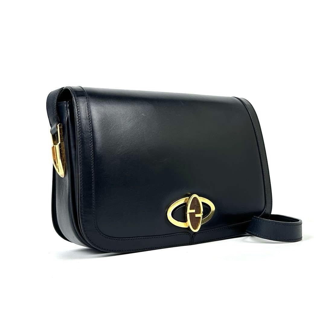 GUCCI Shoulder Bag Purse Interlocking Leather Dark Navy Authentic